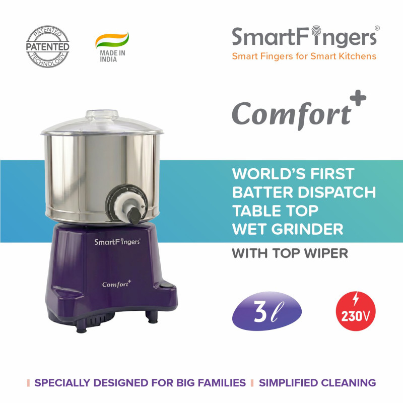 3 Liter-PURPLE/SmartFingers Comfort Plus Table Top Magic Wet Grinder 230V 50hz- (COCONUT SCRAPPER WITHOUT PLATE + ATTAKNEADER)